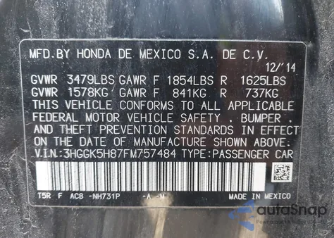2015 Honda Fit Ex/Ex-L from USA, damaged, VIN 3HGGK5H87FM757484